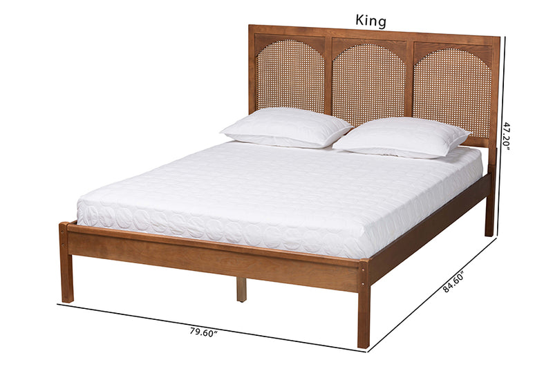 Goodwin Classic and Traditional Ash Walnut Finished Wood and Rattan Queen Size Platform Bed