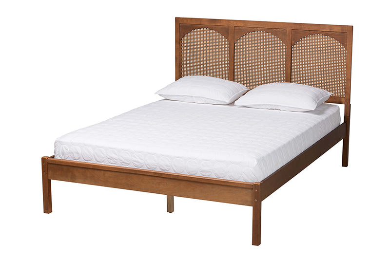 Goodwin Classic and Traditional Ash Walnut Finished Wood and Rattan Queen Size Platform Bed