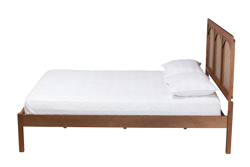 Goodwin Classic and Traditional Ash Walnut Finished Wood and Rattan Queen Size Platform Bed