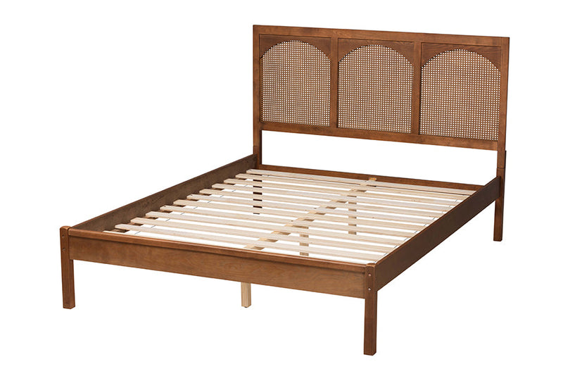 Goodwin Ash Walnut and Rattan Queen Size Platform Bed Baxton