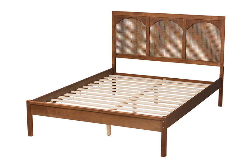 Goodwin Classic and Traditional Ash Walnut Finished Wood and Rattan Queen Size Platform Bed