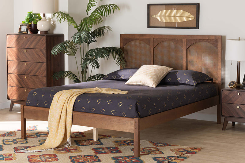 Goodwin Classic and Traditional Ash Walnut Finished Wood and Rattan Queen Size Platform Bed