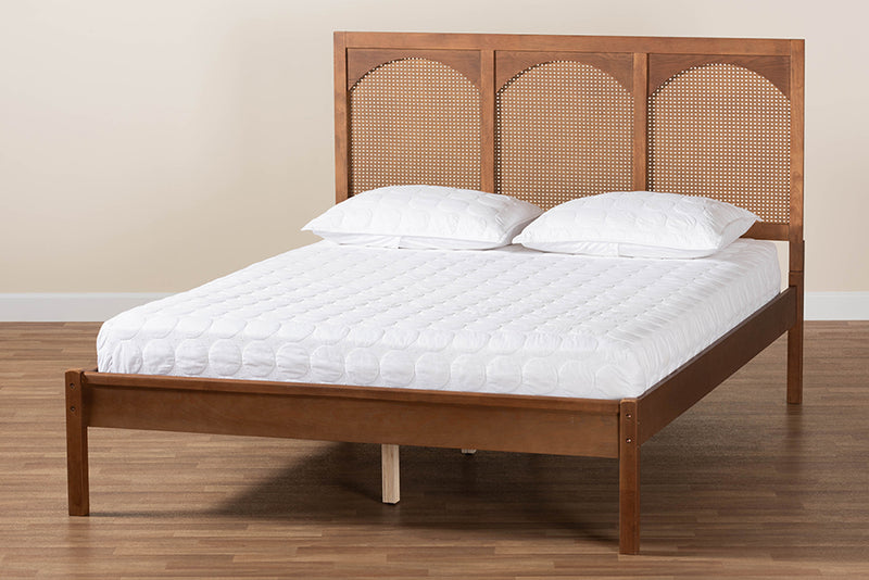 Goodwin Classic and Traditional Ash Walnut Finished Wood and Rattan Queen Size Platform Bed