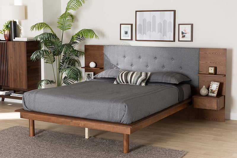 Destin Gray Fabric and Ash Walnut King Storage Bed w/Built-In Nightstands Baxton