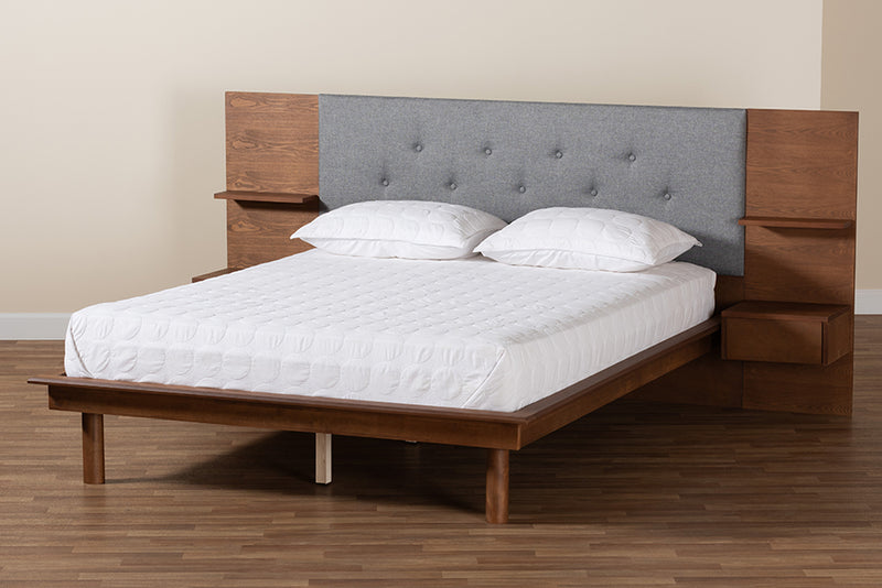 Destin Mid-Century Gray Fabric and Ash Walnut Finished Wood Queen Size Platform Storage Bed w/Built-In Nightstands