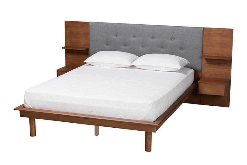 Destin Mid-Century Gray Fabric and Ash Walnut Finished Wood Queen Size Platform Storage Bed w/Built-In Nightstands