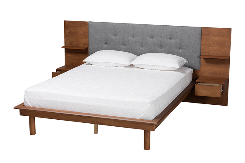 Destin Mid-Century Gray Fabric and Ash Walnut Finished Wood Queen Size Platform Storage Bed w/Built-In Nightstands