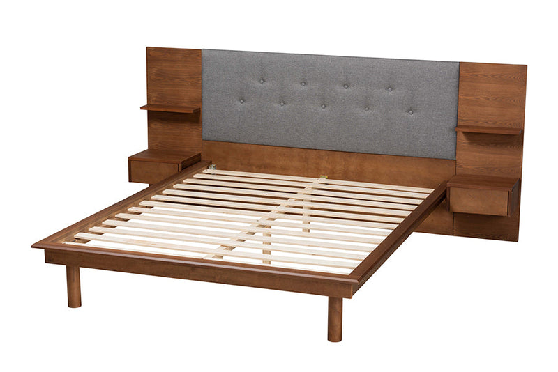 Destin Gray Fabric and Ash Walnut King Storage Bed w/Built-In Nightstands Baxton