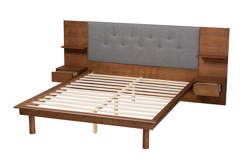 Destin Gray Fabric and Ash Walnut King Storage Bed w/Built-In Nightstands Baxton