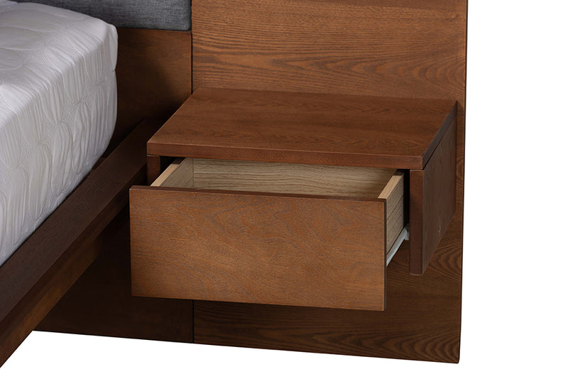 Destin Mid-Century Gray Fabric and Ash Walnut Finished Wood Queen Size Platform Storage Bed w/Built-In Nightstands