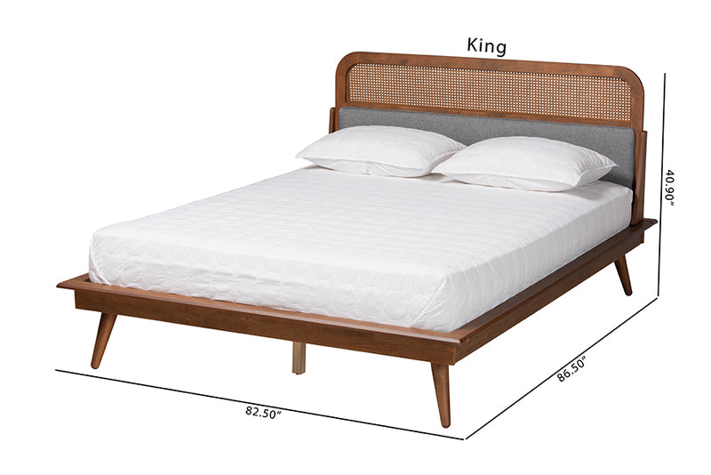 Freja Mid-Century Modern Gray Fabric and Ash Walnut Finished Wood King Size Platform Bed