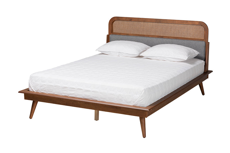 Freja Mid-Century Modern Gray Fabric and Ash Walnut Finished Wood King Size Platform Bed