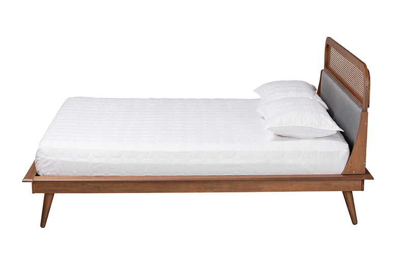 Freja Mid-Century Modern Gray Fabric and Ash Walnut Finished Wood King Size Platform Bed