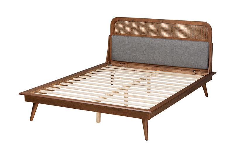 Freja Mid-Century Modern Gray Fabric and Ash Walnut Finished Wood King Size Platform Bed