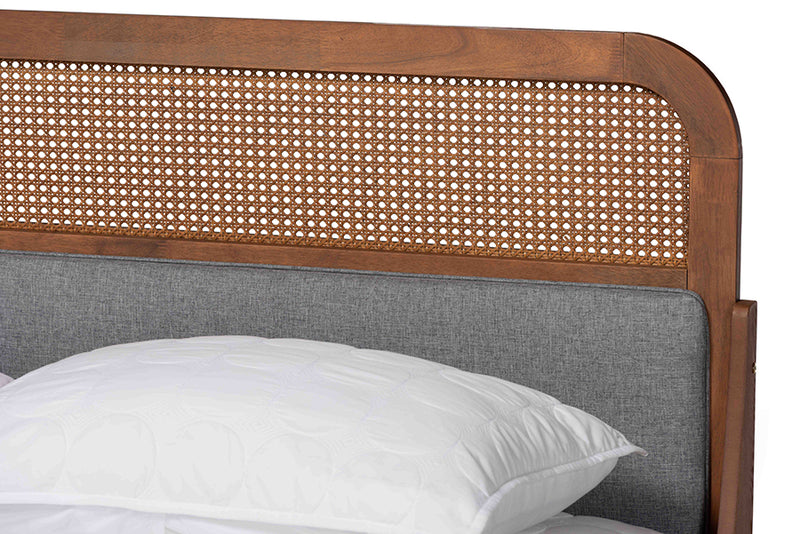 Freja Mid-Century Modern Gray Fabric and Ash Walnut Finished Wood King Size Platform Bed