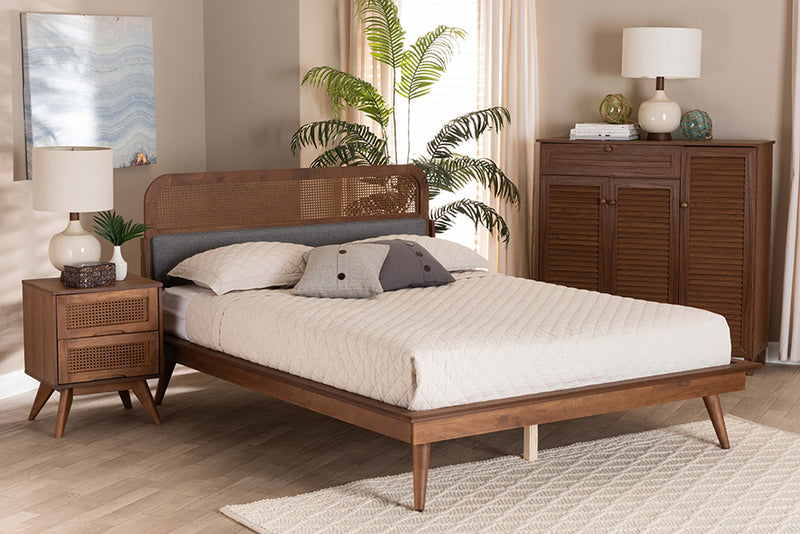 Freja Mid-Century Modern Gray Fabric and Ash Walnut Finished Wood King Size Platform Bed