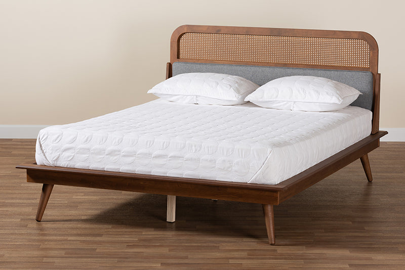 Freja Mid-Century Modern Gray Fabric and Ash Walnut Finished Wood King Size Platform Bed