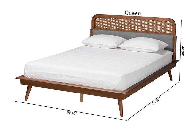 Freja Gray Fabric and Ash Walnut Queen Size Platform Bed Baxton