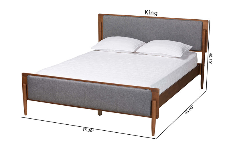 Flax Mid-Century Modern Gray Fabric and Ash Walnut Finished Wood King Size Platform Bed