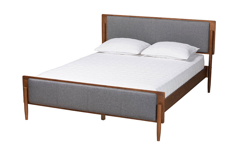 Flax Gray Fabric and Ash Walnut Queen Size Platform Bed Baxton