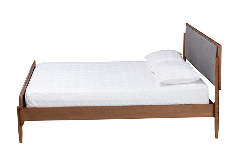 Flax Gray Fabric and Ash Walnut Queen Size Platform Bed Baxton