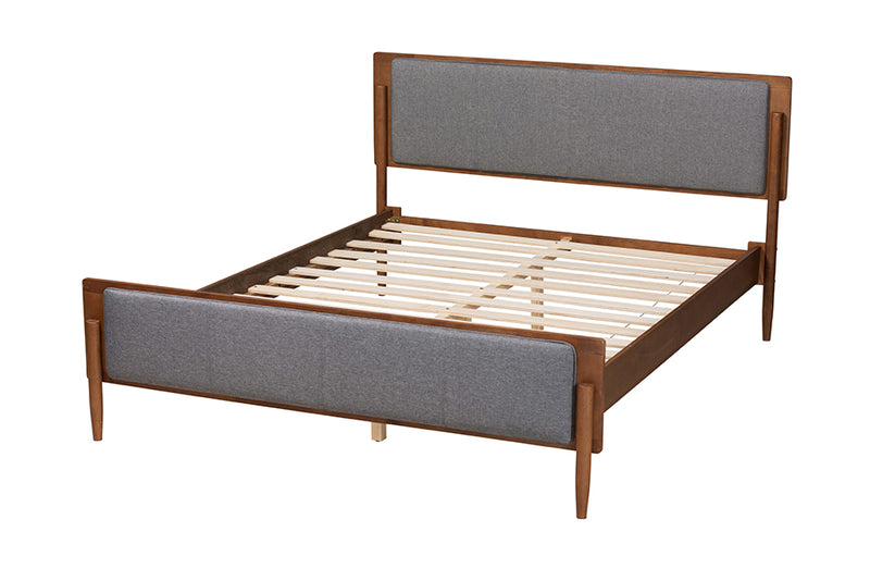 Flax Mid-Century Modern Gray Fabric and Ash Walnut Finished Wood King Size Platform Bed