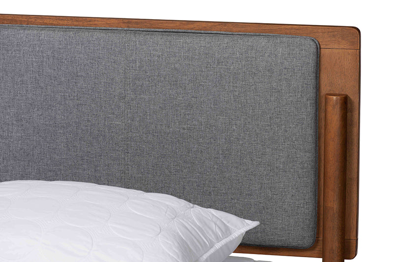 Flax Mid-Century Modern Gray Fabric and Ash Walnut Finished Wood King Size Platform Bed