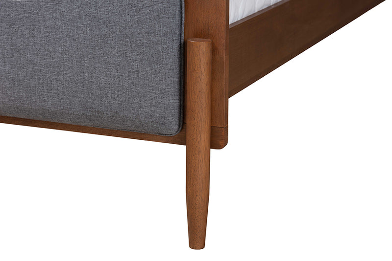 Flax Mid-Century Modern Gray Fabric and Ash Walnut Finished Wood King Size Platform Bed