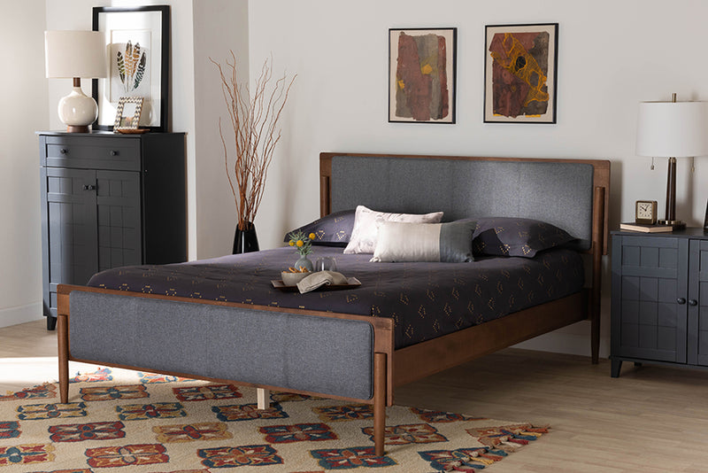 Flax Mid-Century Modern Gray Fabric and Ash Walnut Finished Wood King Size Platform Bed