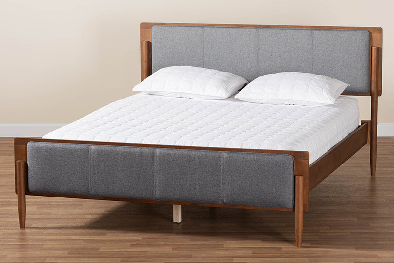 Flax Mid-Century Modern Gray Fabric and Ash Walnut Finished Wood King Size Platform Bed