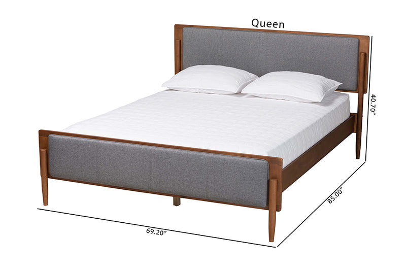 Flax Mid-Century Modern Gray Fabric and Ash Walnut Finished Wood King Size Platform Bed