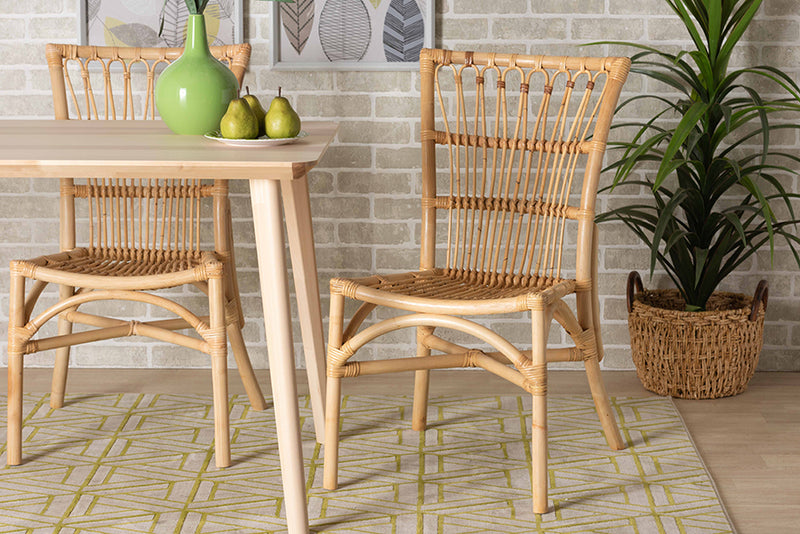 Ariane Modern Bohemian Natural Brown Rattan 2-Piece Dining Chair Set