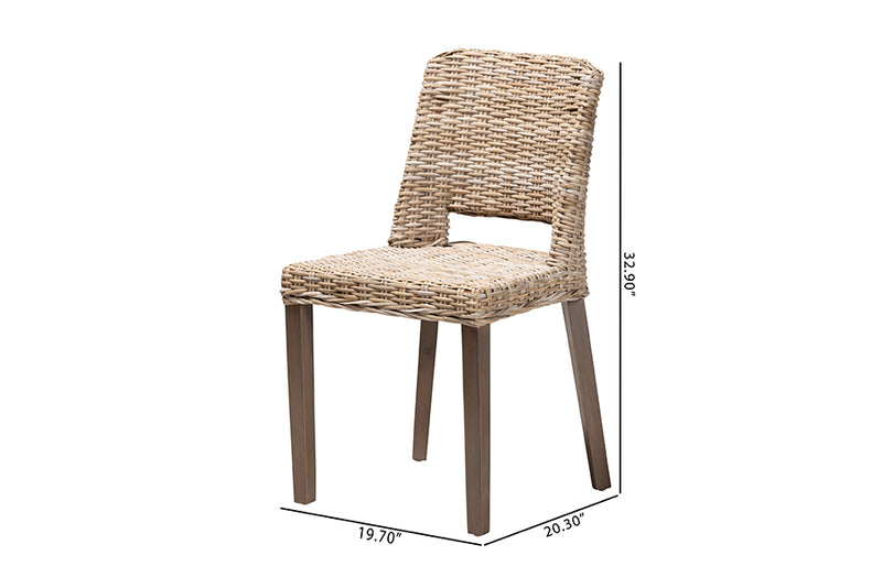 Mallory Modern Bohemian Gray Rattan and Natural Brown Finished Wood Dining Chair