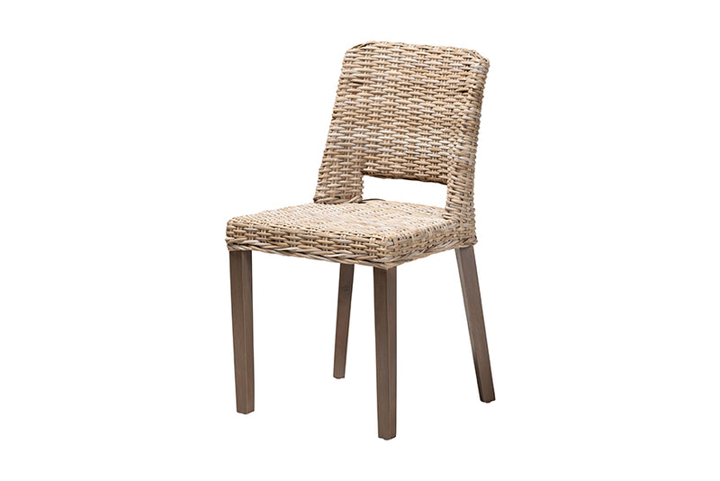 Mallory Modern Bohemian Gray Rattan and Natural Brown Finished Wood Dining Chair