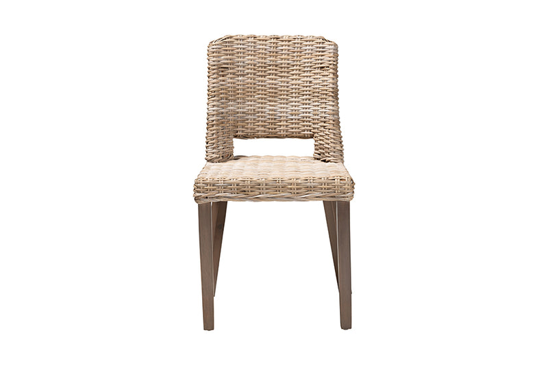 Mallory Modern Bohemian Gray Rattan and Natural Brown Finished Wood Dining Chair