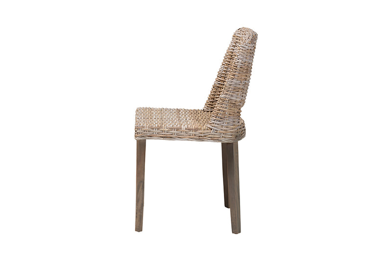 Mallory Modern Bohemian Gray Rattan and Natural Brown Finished Wood Dining Chair