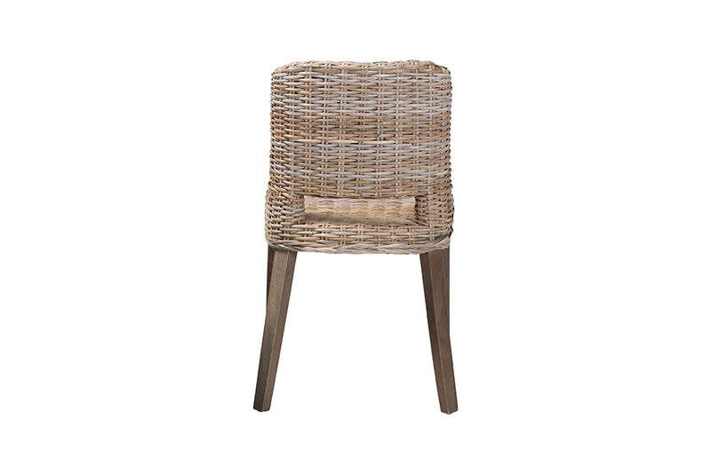 Mallory Modern Bohemian Gray Rattan and Natural Brown Finished Wood Dining Chair