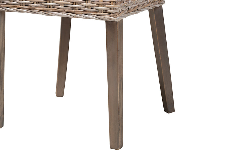 Mallory Modern Bohemian Gray Rattan and Natural Brown Finished Wood Dining Chair