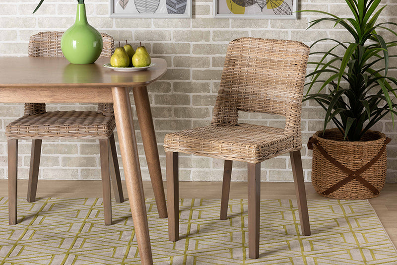 Mallory Modern Bohemian Gray Rattan and Natural Brown Finished Wood Dining Chair