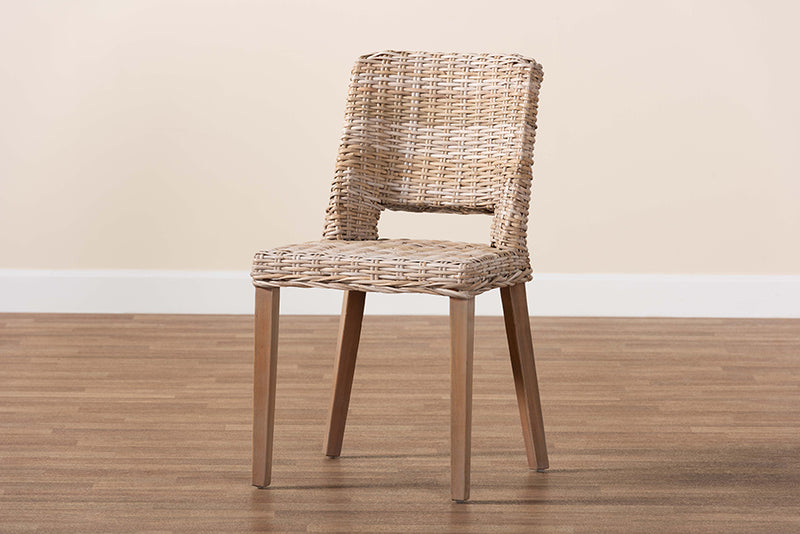 Mallory Modern Bohemian Gray Rattan and Natural Brown Finished Wood Dining Chair