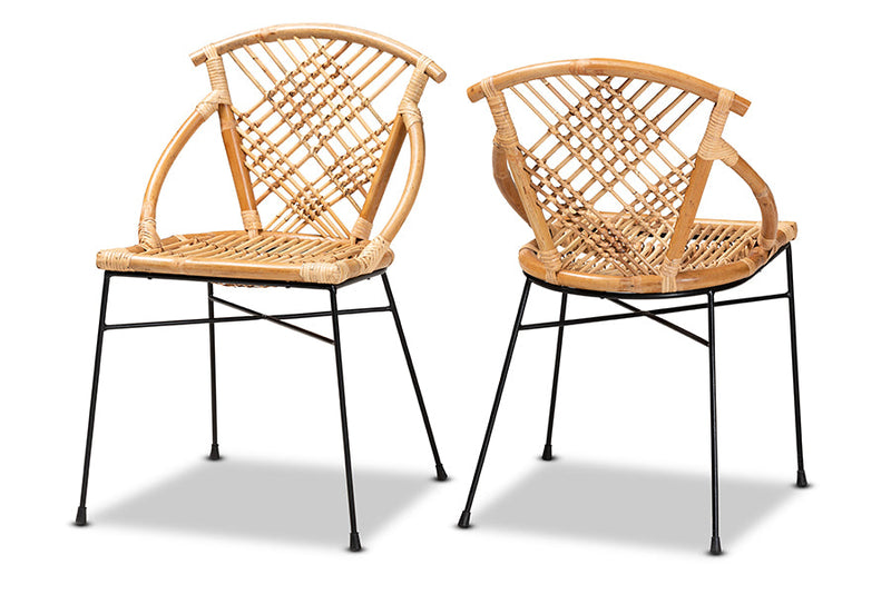 Ruby Natural Brown Rattan and Black Metal 2Pc Dining Chair Set Baxton
