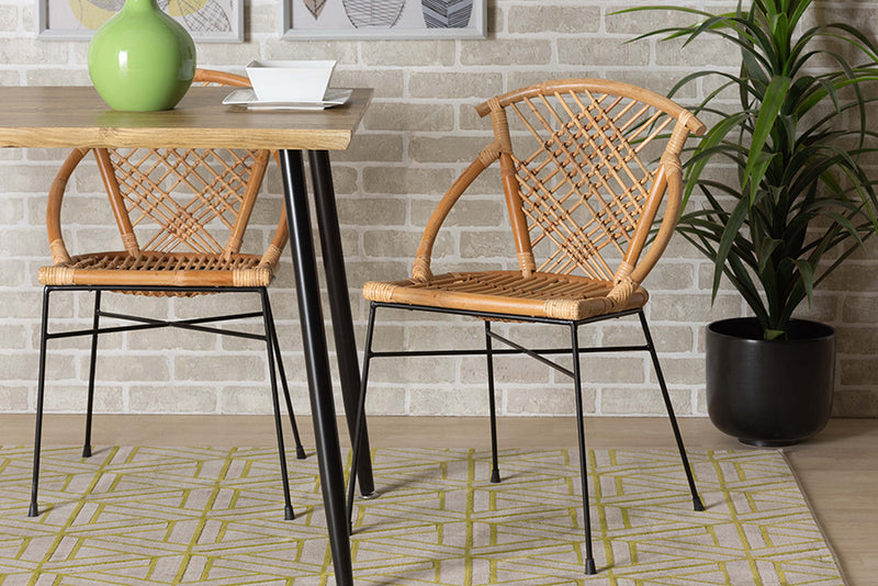 Ruby Modern Bohemian Natural Brown Rattan and Black Metal 2-Piece Dining Chair Set