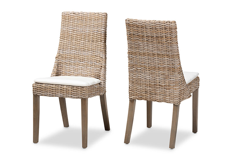 Mabelle Modern Bohemian Gray Rattan 2-Piece Dining Chair Set