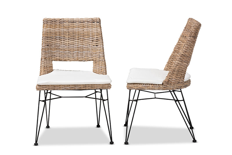 Rika Modern Bohemian Greywashed Natural Rattan Metal Dining Chair w/Cushion 2-Piece Set