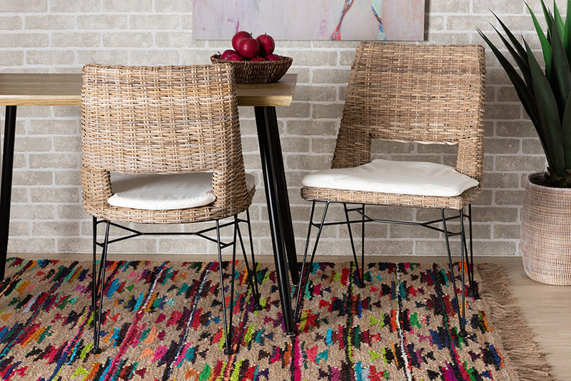 Rika Greywashed Natural Rattan Metal Dining Chair w/Cushion 2Pc Set Baxton