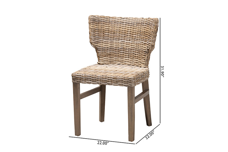 Audrey Modern Bohemian Gray Rattan and Brown Wood Dining Chair