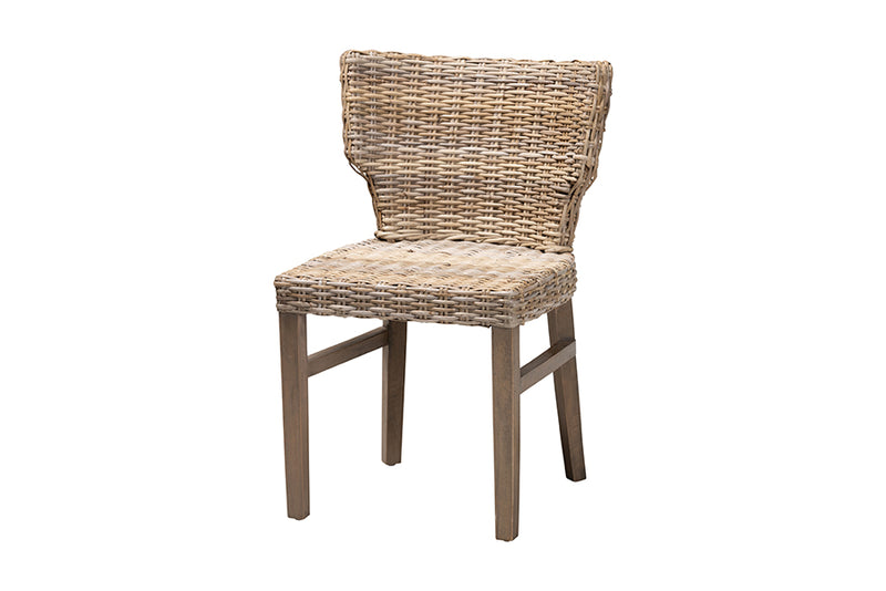 Audrey Modern Bohemian Gray Rattan and Brown Wood Dining Chair