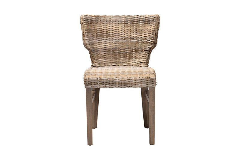 Audrey Modern Bohemian Gray Rattan and Brown Wood Dining Chair