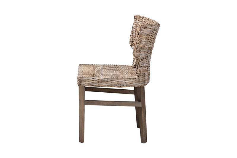 Audrey Modern Bohemian Gray Rattan and Brown Wood Dining Chair