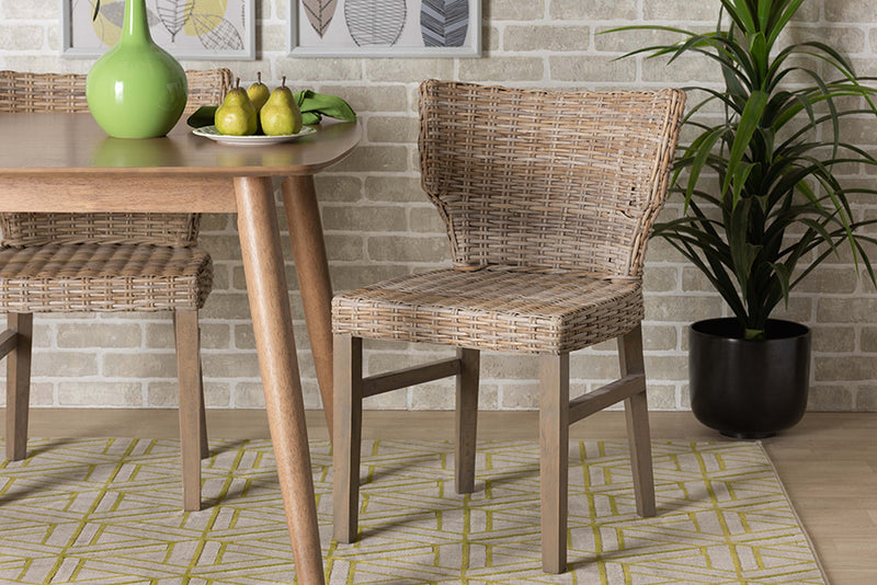 Audrey Modern Bohemian Gray Rattan and Brown Wood Dining Chair